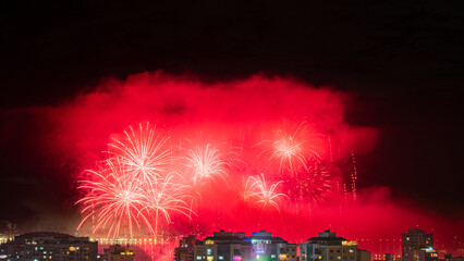 NITERÓI, RIO DE JANEIRO, BRAZIL – 01/01/2023: Night photo of the arrival of the New Year (Réveillon) with fireworks in the sky of a Brazilian city