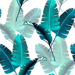 Turquoise Palm leaves seamless pattern. Hand drawn digital pattern. Tropical leaves. Exotic illustration on white background.	