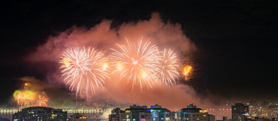 NITERÓI, RIO DE JANEIRO, BRAZIL – 01/01/2023: Night photo of the arrival of the New Year (Réveillon) with fireworks in the sky of a Brazilian city