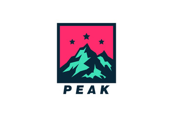 Mountain peak summit logo design. Outdoor hiking adventure icon. Alpine wilderness travel symbol. Vector illustration.