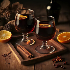 Traditional Christmas drink with cinnamon, star anise and orange. Two glasses of mulled wine on the table. Generate by AI