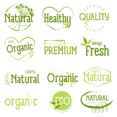 Set of logo, stickers and badges for organic food and drink, natural products, healthy life, food store and product promotion.