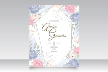 Beautiful blue and pink floral frame wedding invitation card template Premium Vector