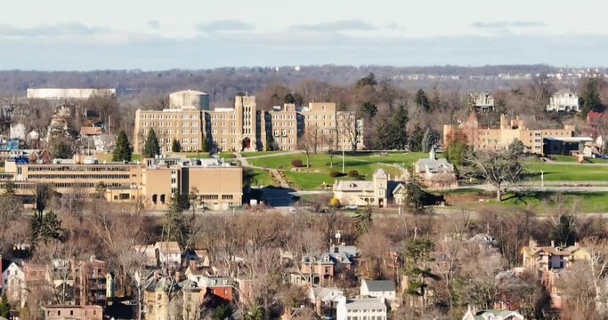 Mid-morning winter aerial video of Newburgh New York along the western side of the Hudson River.