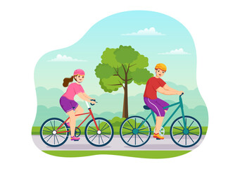Mountain Biking Illustration with Cycling Down the Mountains for Sports, Leisure and Healthy Lifestyle in Flat Cartoon Hand Drawn Templates
