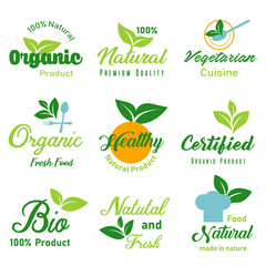 Set of logo, stickers and badges for organic food and drink, natural products, healthy life, food store and product promotion.