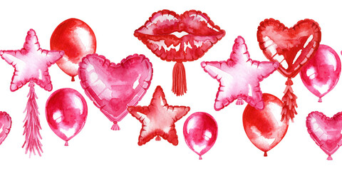 Watercolor helium inflated balloons in the shape of lips, hearts, stars and round balloons as a repeating banner for valentines day. Illustration for design, print or background.