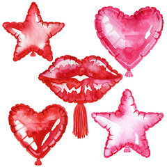 Hand painted watercolor inflatable helium balloons for valentines day in the shape of lips, hearts and stars in red and pink. Illustration for design, print or background.