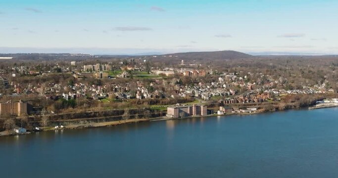 Mid-morning winter aerial video of Newburgh New York along the western side of the Hudson River.