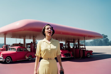 Woman roaring in front of a gas station in 1950s
