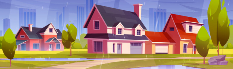 Rain at suburban district with cottage houses at cityscape view. Suburb street with countryside dwellings, puddles on green lawn, path and trees at wet rainy weather, Cartoon vector illustration