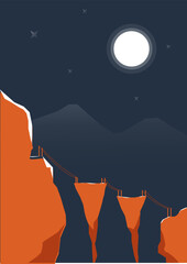 flat vector orange cliff with moon night scene for caver, poster etc