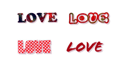 Love lettering with red, green, white checkered for Valentines, on white isolated background 