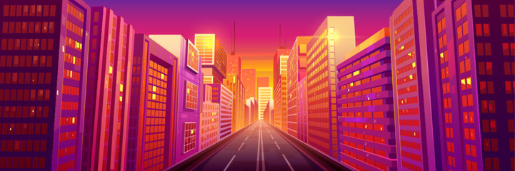 Fototapeta na wymiar City street with road at early morning, empty sunset driveway, walkway, buildings at pink sunlight perspective view. Urban architecture, megalopolis infrastructure dramatic cartoon vector illustration