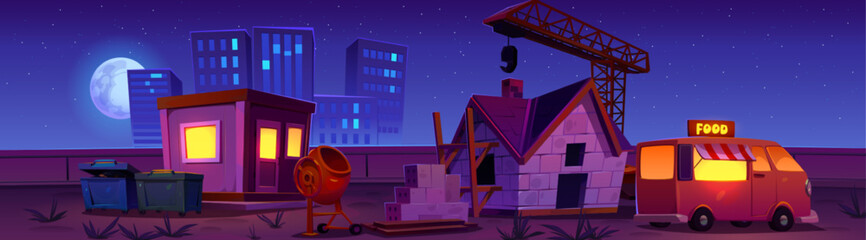 House construction site against night cityscape background. Suburb development. Cartoon vector illustration of brick building with roof, pile of bricks, workers cottage, concrete mixer, crane food van