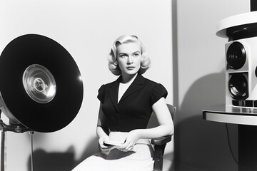 A retro black and white image of a women sitting on a chair and looking at the camera in 1950s