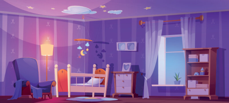 Nursery, Baby Room With Cot Bed, Chair, Floor Lamp And Toys Mobile At Night. Empty Child Bedroom Interior With Cradle, Curtains On Window, Carpet And Armchair, Vector Cartoon Illustration