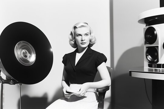 A Retro Black And White Image Of A Women Sitting On A Chair And Looking At The Camera In 1950s