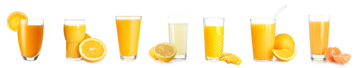 Collage of glasses with tasty citrus juice on white background