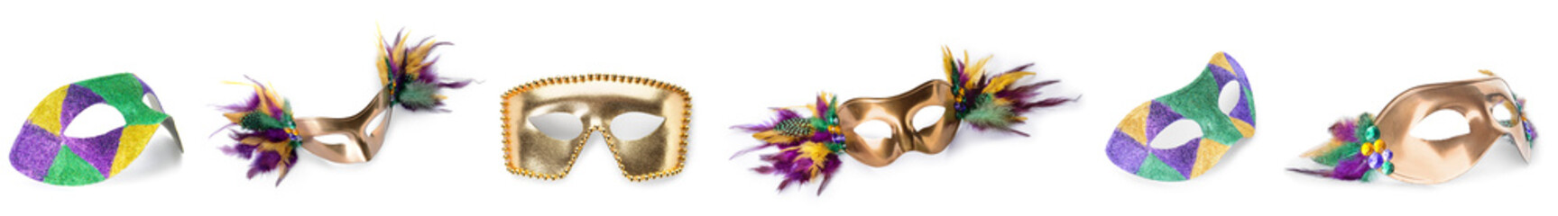 Collage of bright carnival masks on white background