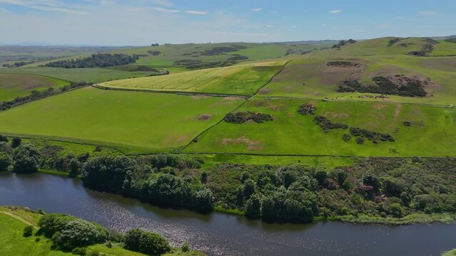 Farmland and Pasture near St. Abbs village aerial view in summer, St. Abbs, Berwickshire, Scotland, UK. 