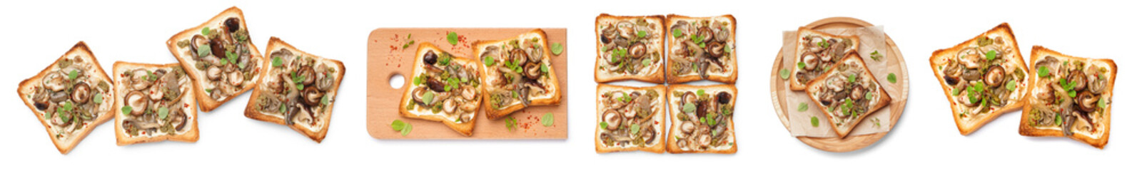 Set of tasty toasts with cream cheese and mushrooms on white background, top view