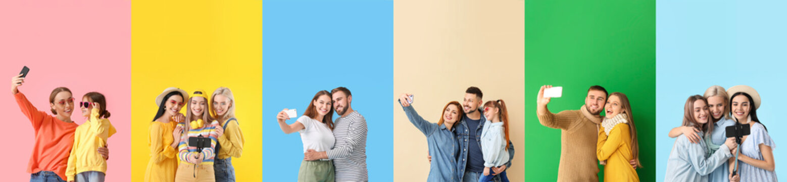 Group of happy people with mobile phones taking selfie on color background