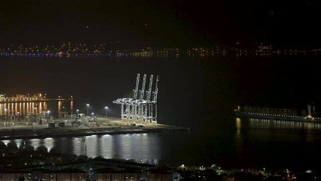 Timelapse image of Kocaeli Harbor taken by drone at night