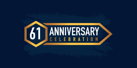 61 years anniversary celebration logotype colored with gold color and isolated on blue background.
