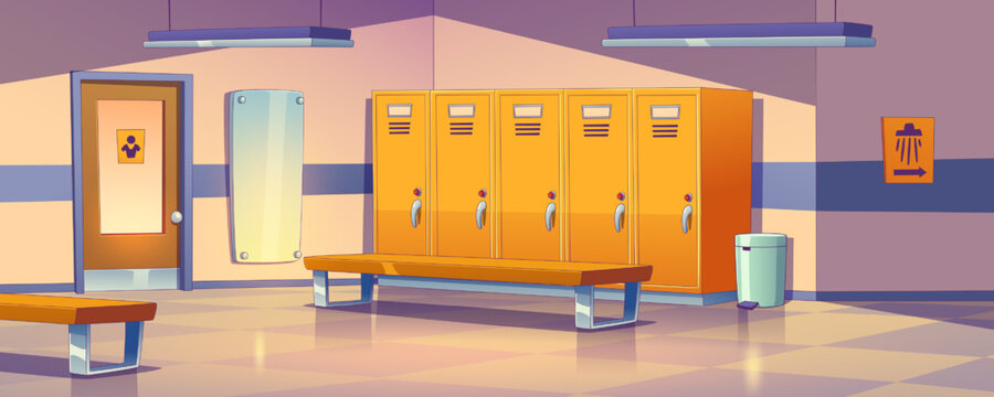 Empty dressing room background with individual metal lockers, benches, mirror and shower sign on wall. Contemporary vector illustration of space for changing clothes at school, sports gym or hospital