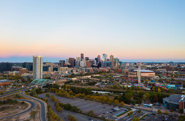 Naklejka na ściany i meble Aerial View of Denver, Colorado at Sunset