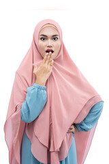 Asian Muslim woman in veil with shocked expression