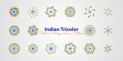 Indian tricolour stickers, badges, icons, patterns, symbols