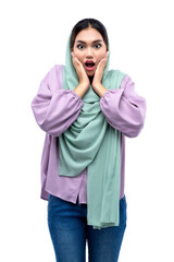 Asian Muslim woman in a headscarf with a shocked expression