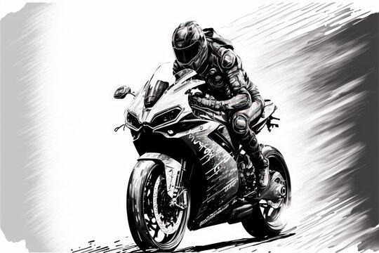  a drawing of a man riding a motorcycle on a track with a helmet on and a helmet on his head and a helmet on his hand, riding a motorcycle on a track with a white background. Generative AI