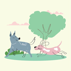 two dogs running in landscape