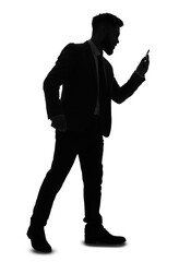Silhouette of male businessman using mobile phone on white background