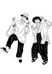 Two women dancing in the city, art portrait of simple people living