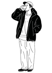 Man Drinking Juice City People Living Line Art Illustration