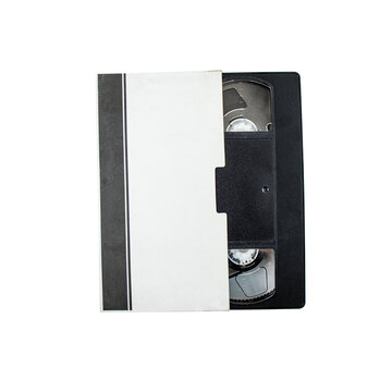 video cassette with cardboard case on white background, copy space, top view, retro