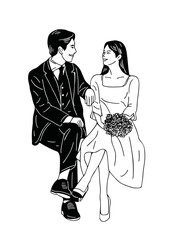 The couple in a moment of romantic meeting. Line art illustration of a romantic couple for cards, wedding invitations, dating site. Valentine's day congratulations. Vector illustration