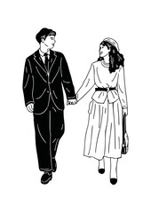 A couple walking Young people lovers lifestyle Hand drawn line art Illustration
