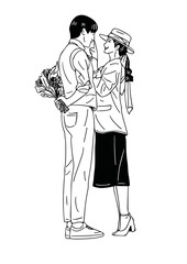 The couple in a moment of romantic meeting. Line art illustration of a romantic couple for cards, wedding invitations, dating site. Valentine's day congratulations. Vector illustration