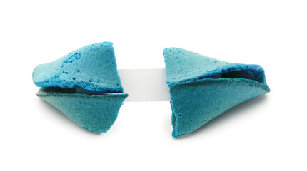 Blue fortune cookie with piece of paper on white background