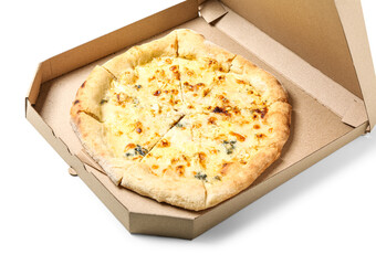 Cardboard box with tasty cheese pizza on white background