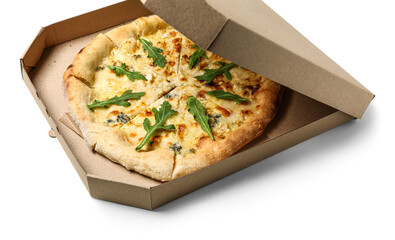 Cardboard box with tasty cheese pizza isolated on white background