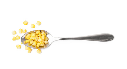 Spoon with canned corn isolated on white background