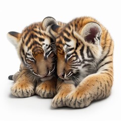 Obraz premium two baby tiger cubs cuddle together on a white background in front of a white background with a white background and a black and white background with a white background with a black stripe border.