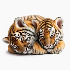 Obraz premium a couple of tigers laying next to each other on top of a white surface with their eyes closed and their heads together, with one laying down on the other end of the other end of the.