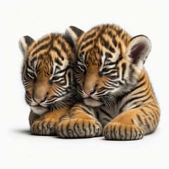 Obraz premium two baby tiger cubs cuddle together on a white background in front of a white background with a white background and a black and white background with a black border with a white border and a.
